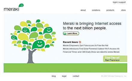 Site-ul companiei Meraki, fondata de niste studenti ai MIT cu scopul de a democratiza internetul pe principiul „ia conexiunea si da-o mai departe